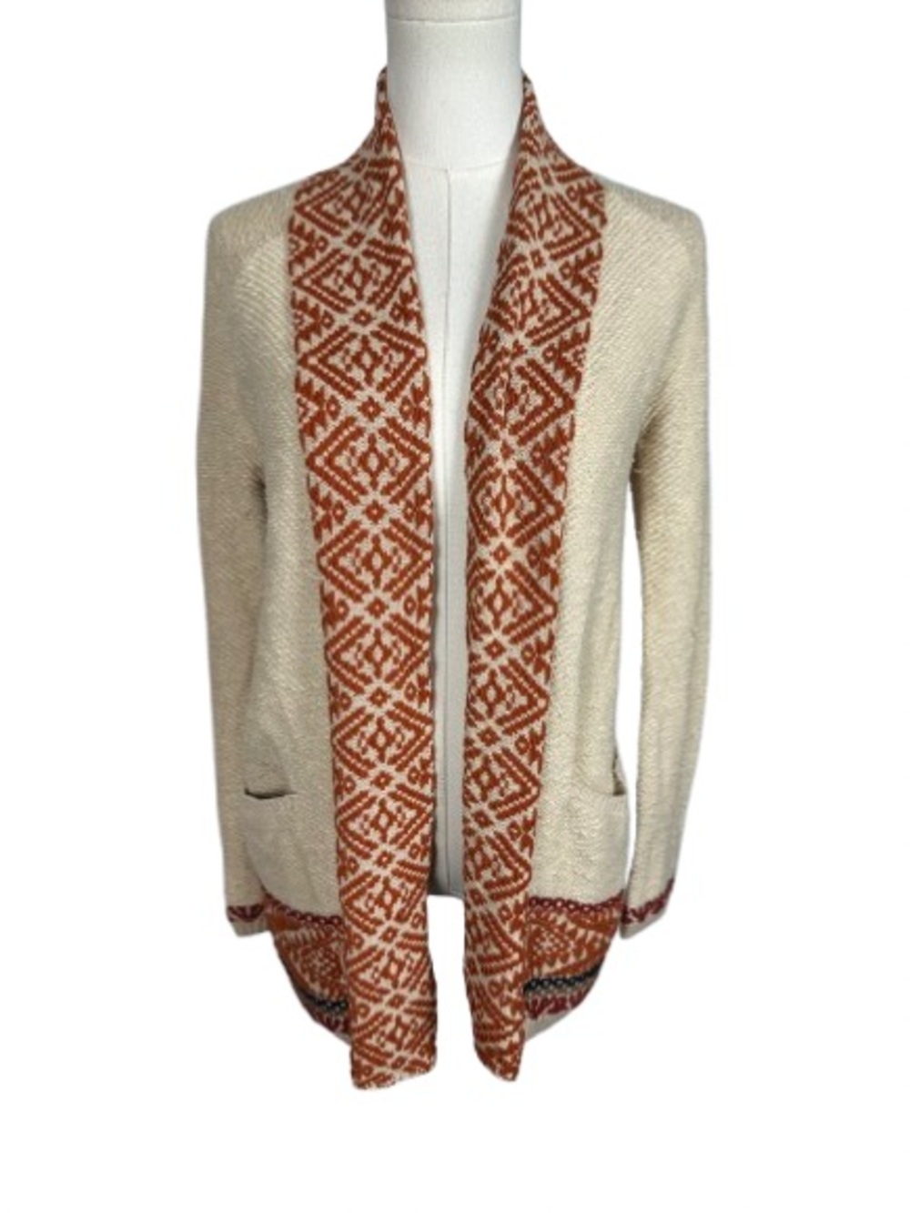Lucky Brand Cream Cardigan with Rust Geometric Trim